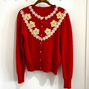 Gorgeous vintage red cardigan with lace and flower detail